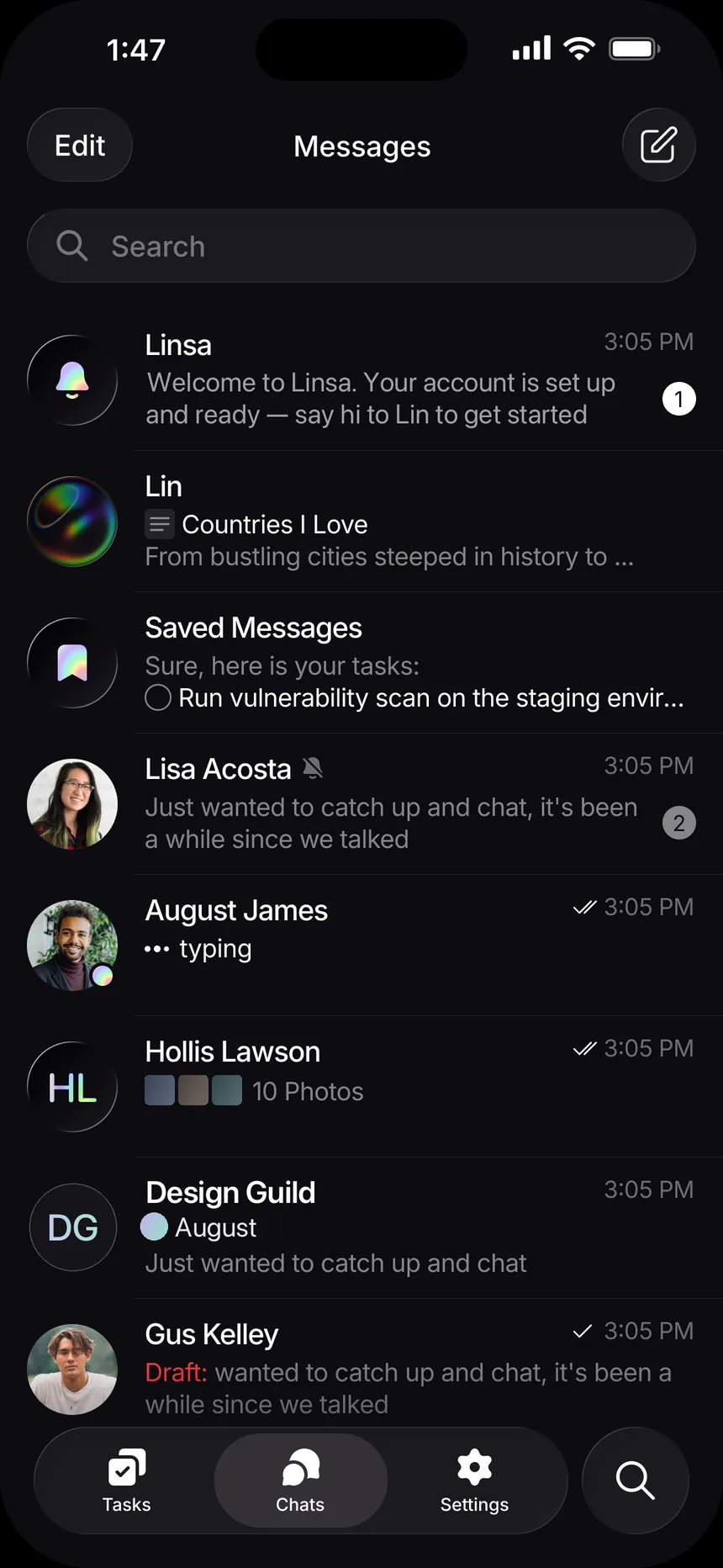 Linsa on iPhone: the Chats tab with conversations and drafts.