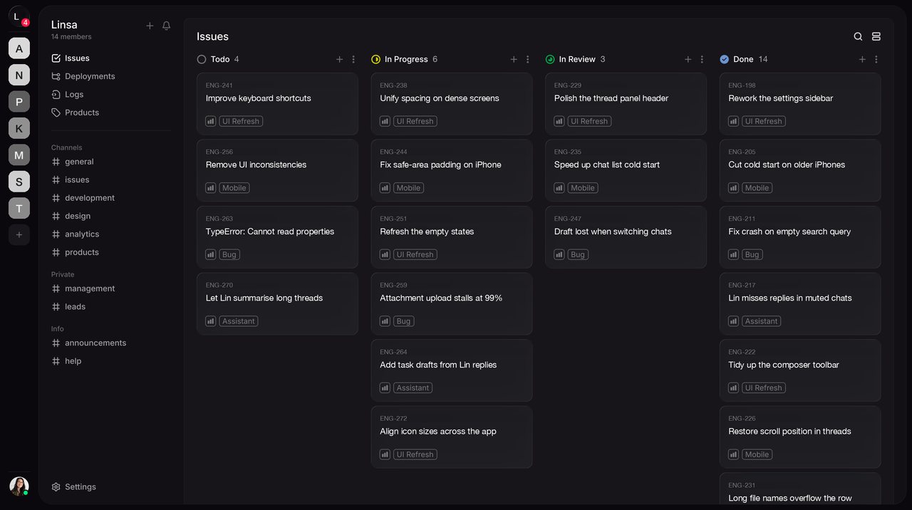The same Linsa Space seen as a task board with four columns